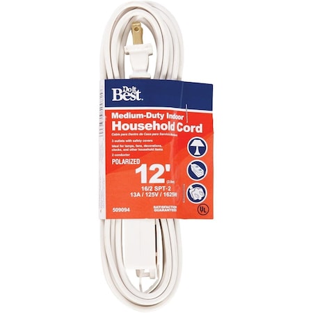 All-Source SPT-2 Extension Cord, 16 AWG, Indoor, 16/2, 3 Outlets, White, 12 ft IN-PT2162-12X-WH